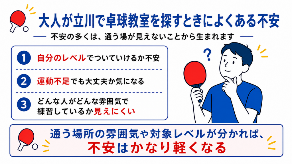 立川で卓球教室を探す大人が感じやすい不安をまとめた図解