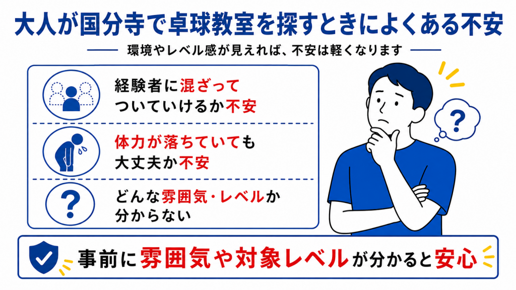 国分寺で卓球教室を探す大人の初心者が感じやすい不安をまとめた図解